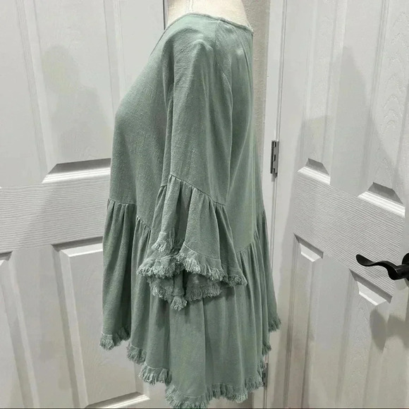 Umgee Mint Linen blend frayed edge keyhole back gathered waist blouse sh… ❤️ - Picture 5 of 9